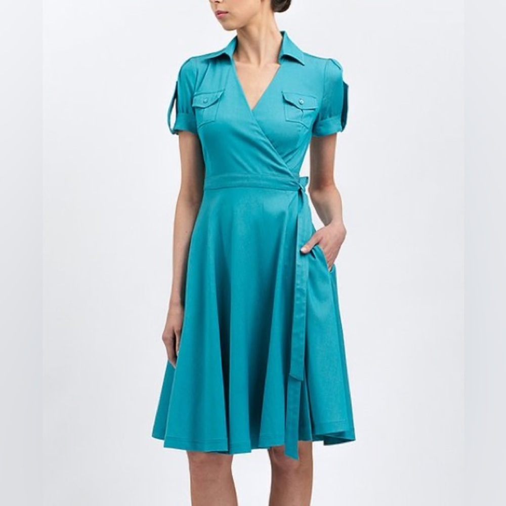 BGL Cotton Blend Short Sleeve True Wrap Midi Dress Turquoise Blue Size 4